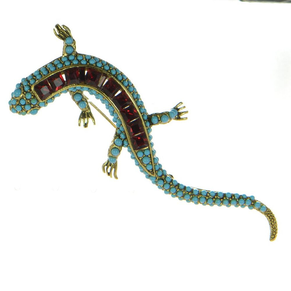 Kenneth Jay Lane Turquoise and Ruby Crystal Lizard Brooch Pin